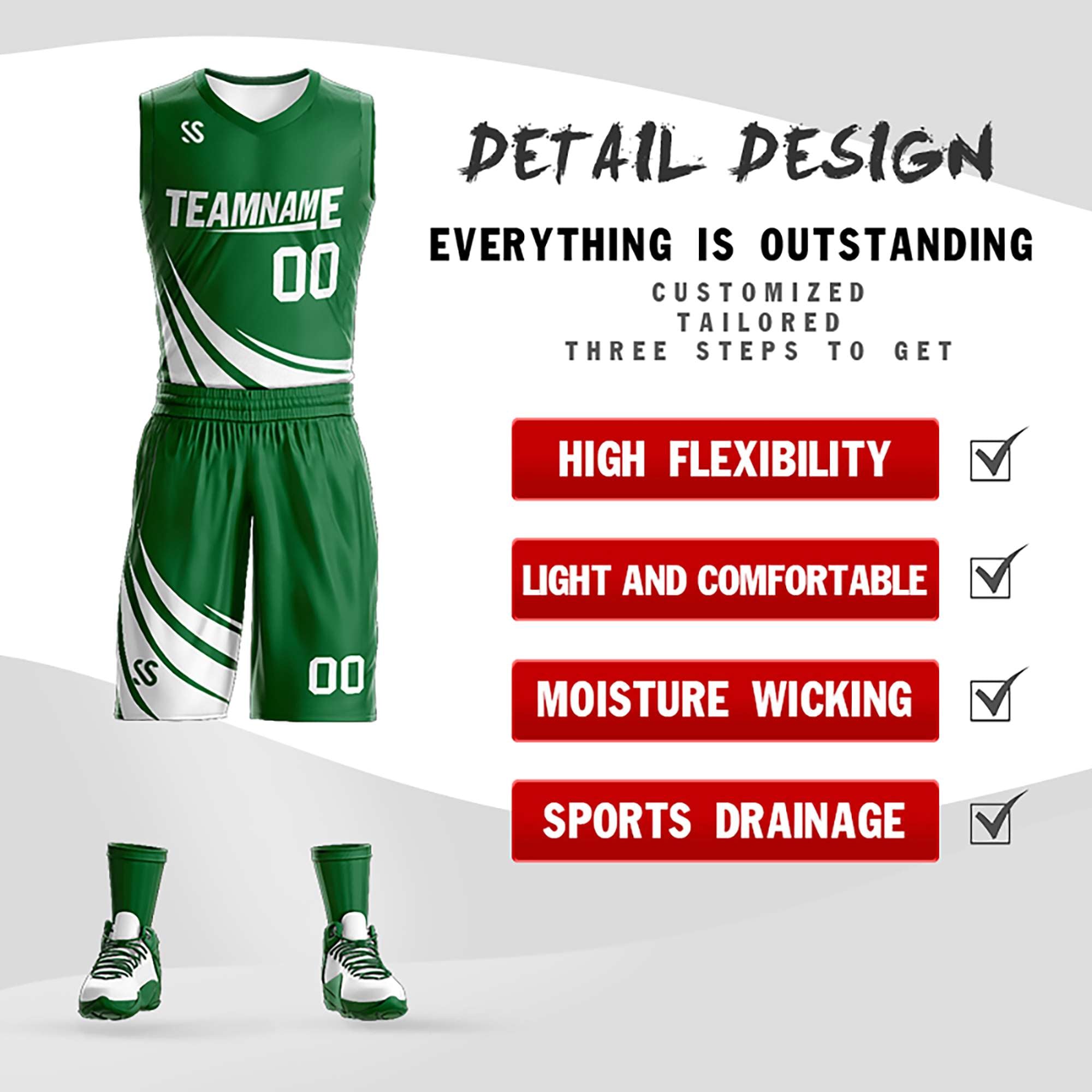 Custom Green White Double Side Sets Design Sportswear Basketball Jersey