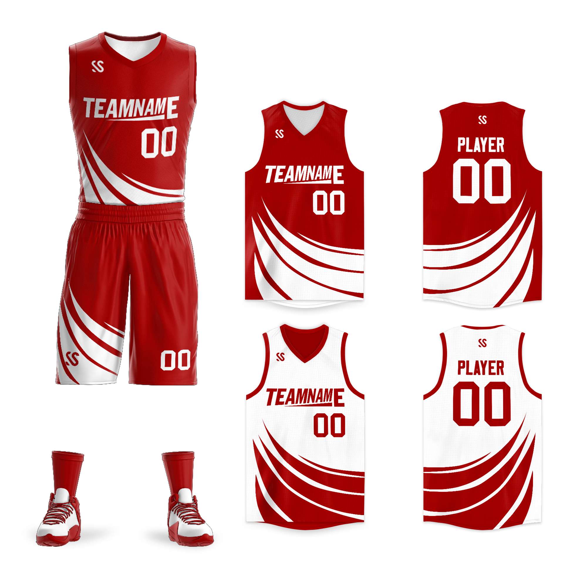 Custom Red White Double Side Sets Design Sportswear Basketball Jersey