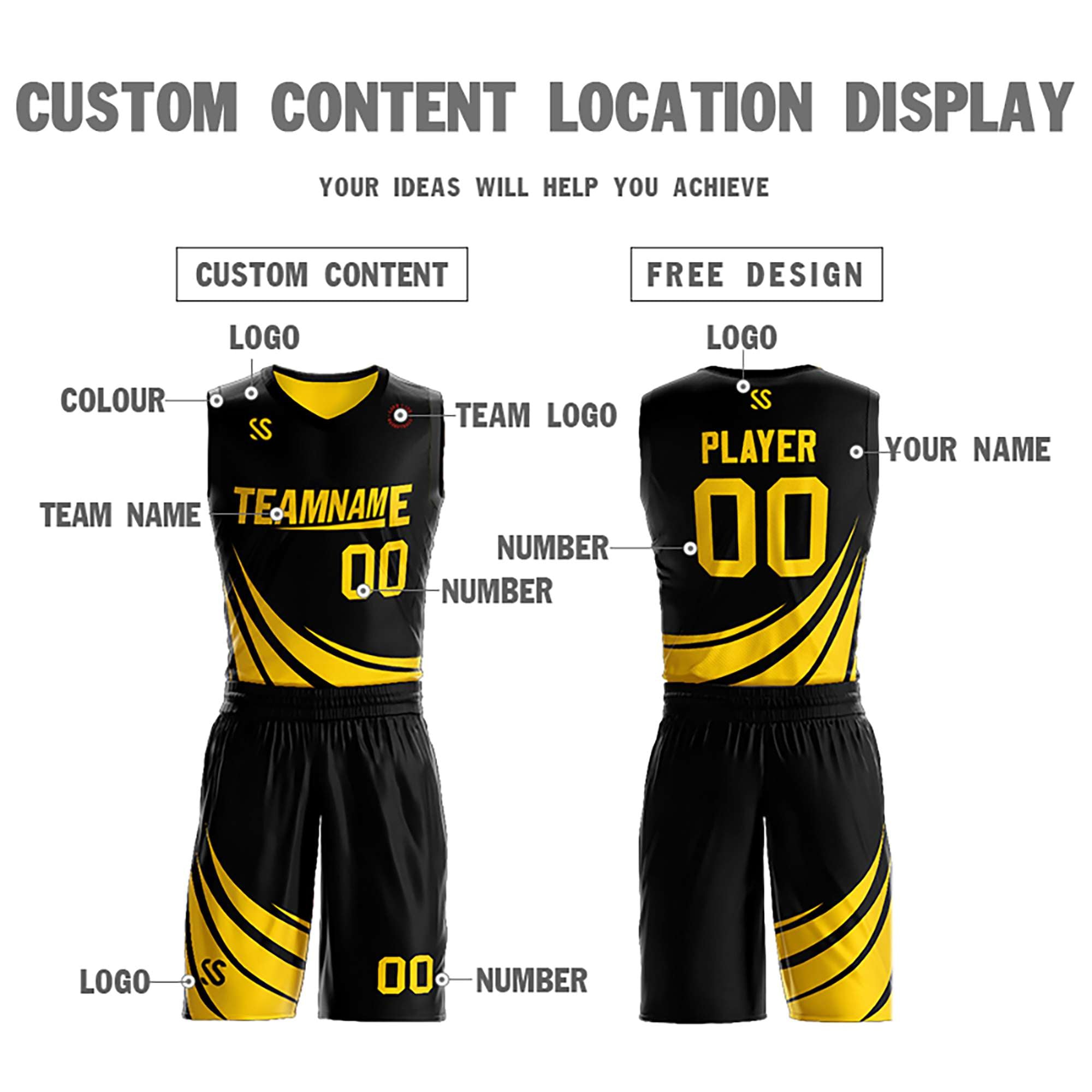 new style of basketball jersey yellow black basketball top short