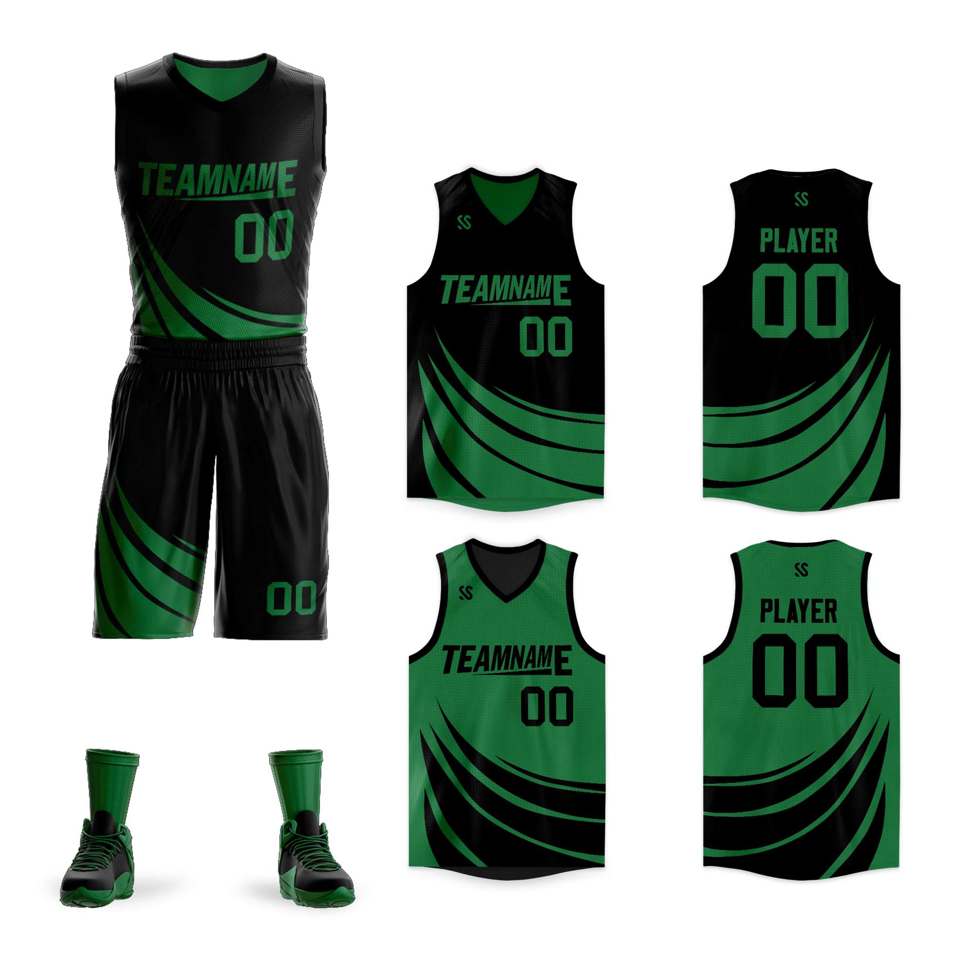 Le double côté vert noir fait sur commande place le maillot de basket-ball de vêtements de sport de conception