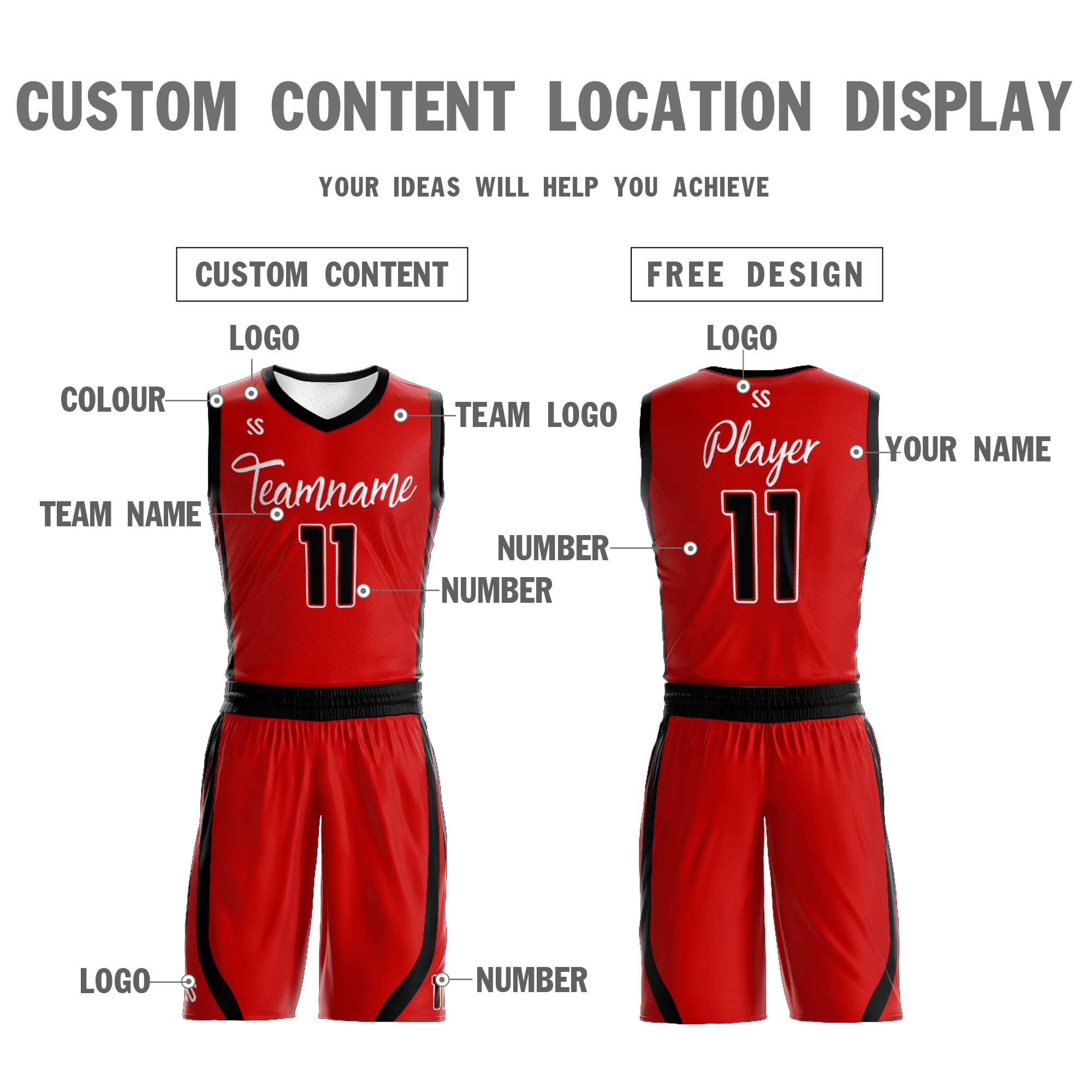 custom red and white reversible basketball uniforms custom content location display