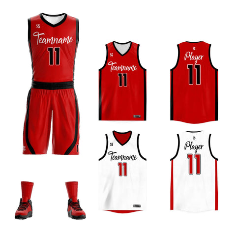custom red and white reversible basketball uniforms