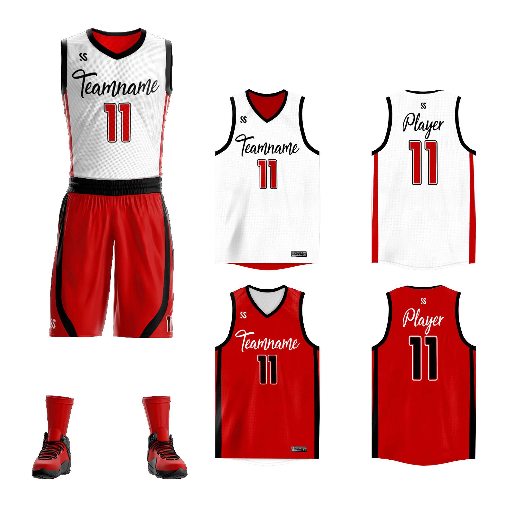 Custom White Red Double Side Sets Design Sportswear Basketball Jersey