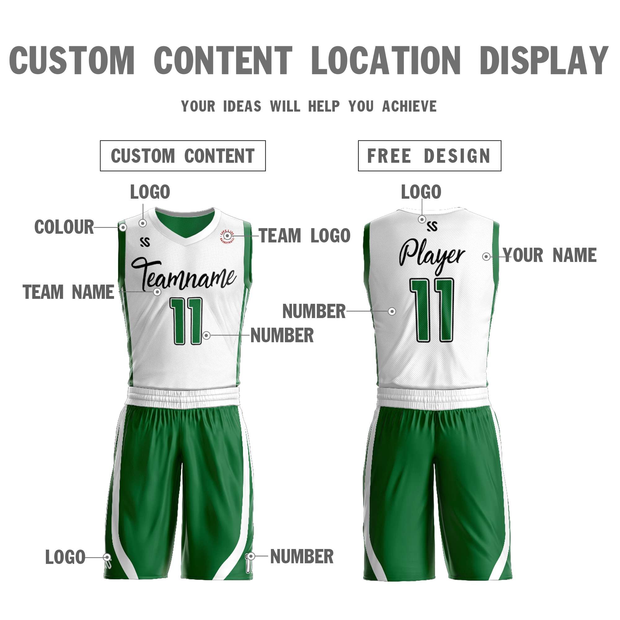 Custom White Green Double Side Sets Design Sportswear Basketball Jersey