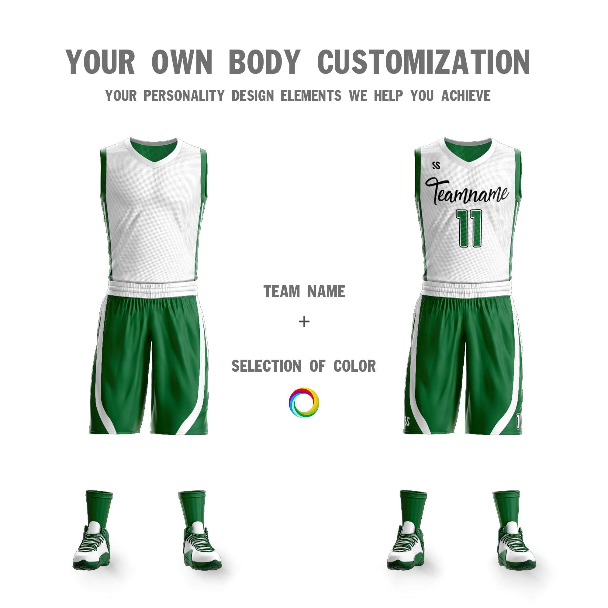 Le double côté vert blanc fait sur commande place le maillot de basket-ball de vêtements de sport de conception