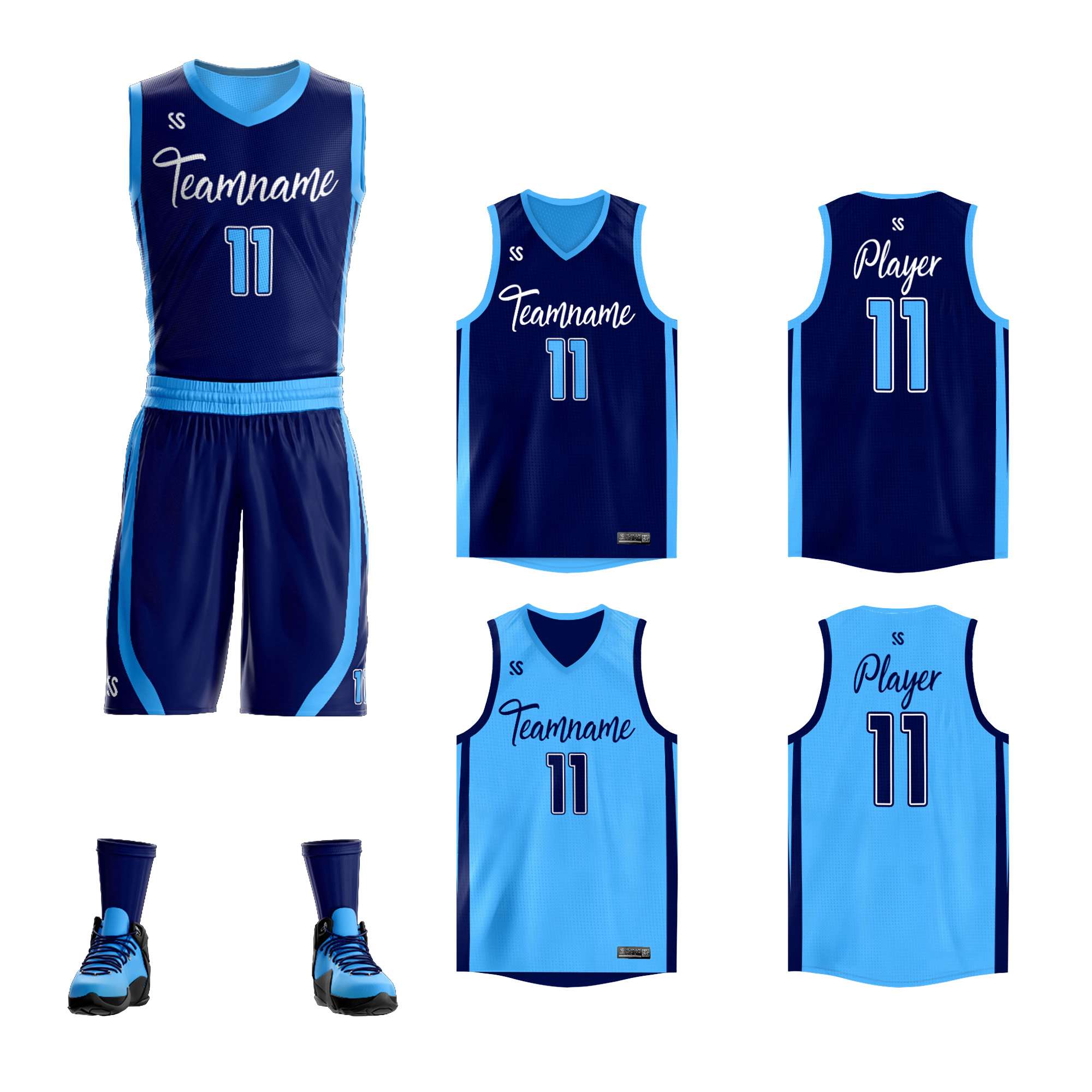 Le double côté bleu marine fait sur commande de poudre place le maillot de basket-ball de vêtements de sport de conception