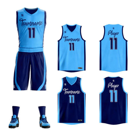 Custom Powder Blue Navy Double Side Sets Design Sportswear Basketball Jersey