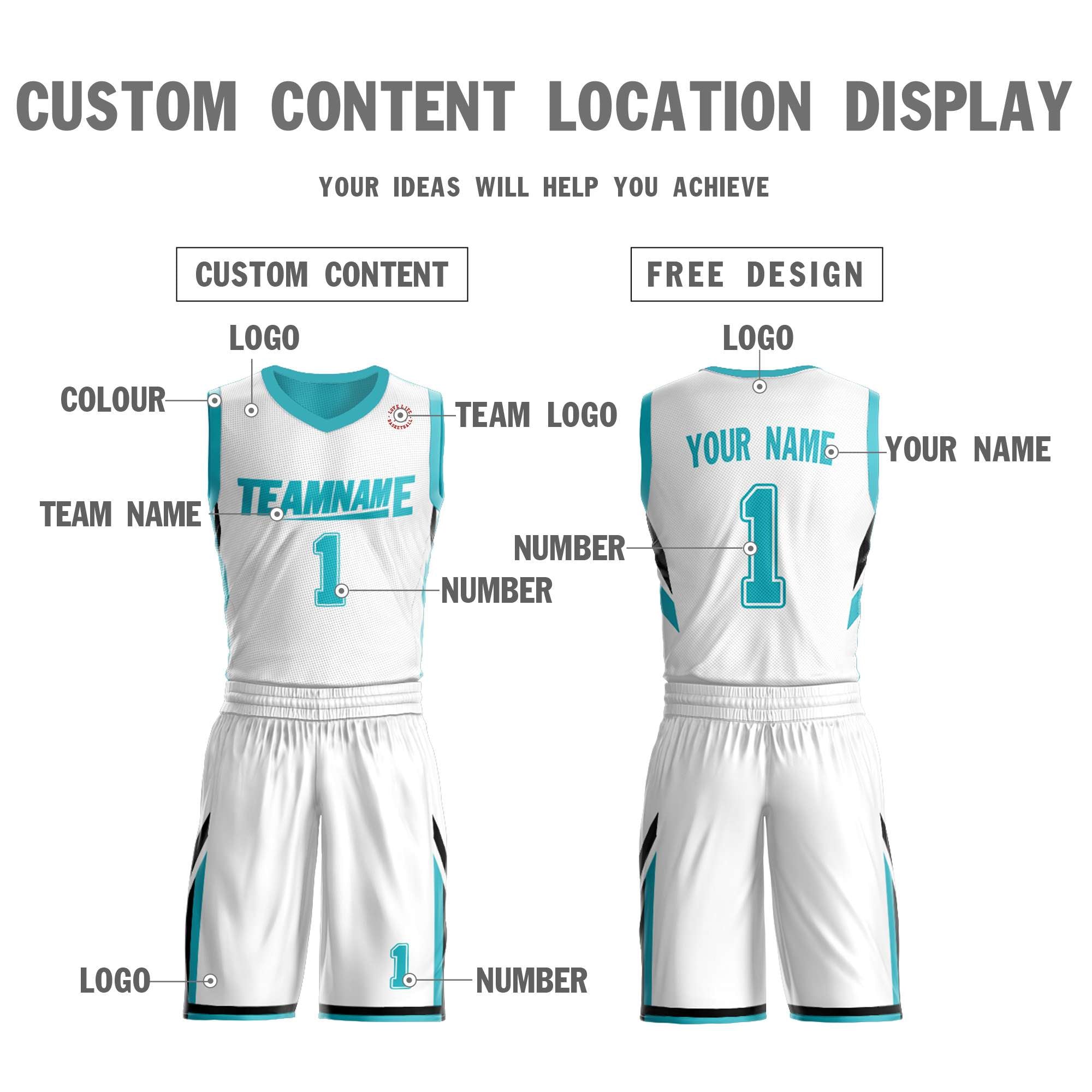 Custom White Teal Double Side Sets Design Sportswear Basketball Jersey