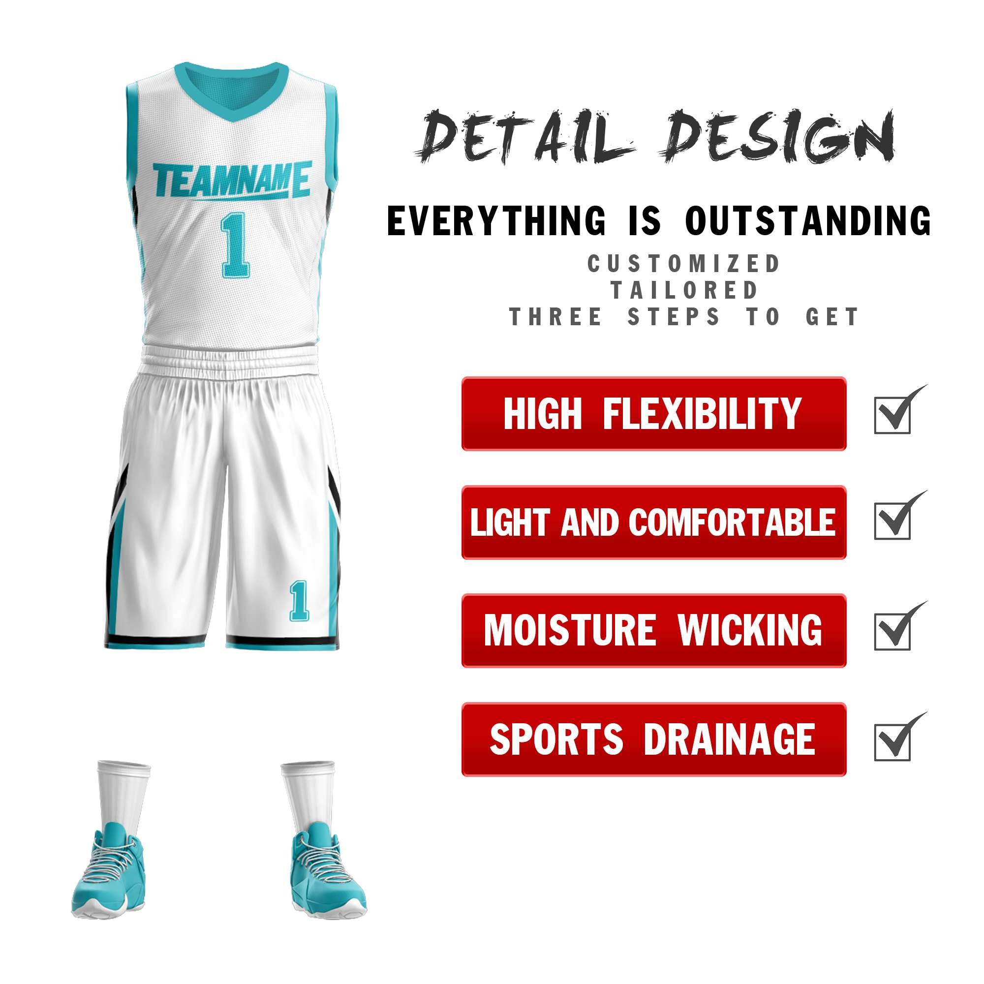 custom white and aqua reversible basketball jersey design detail