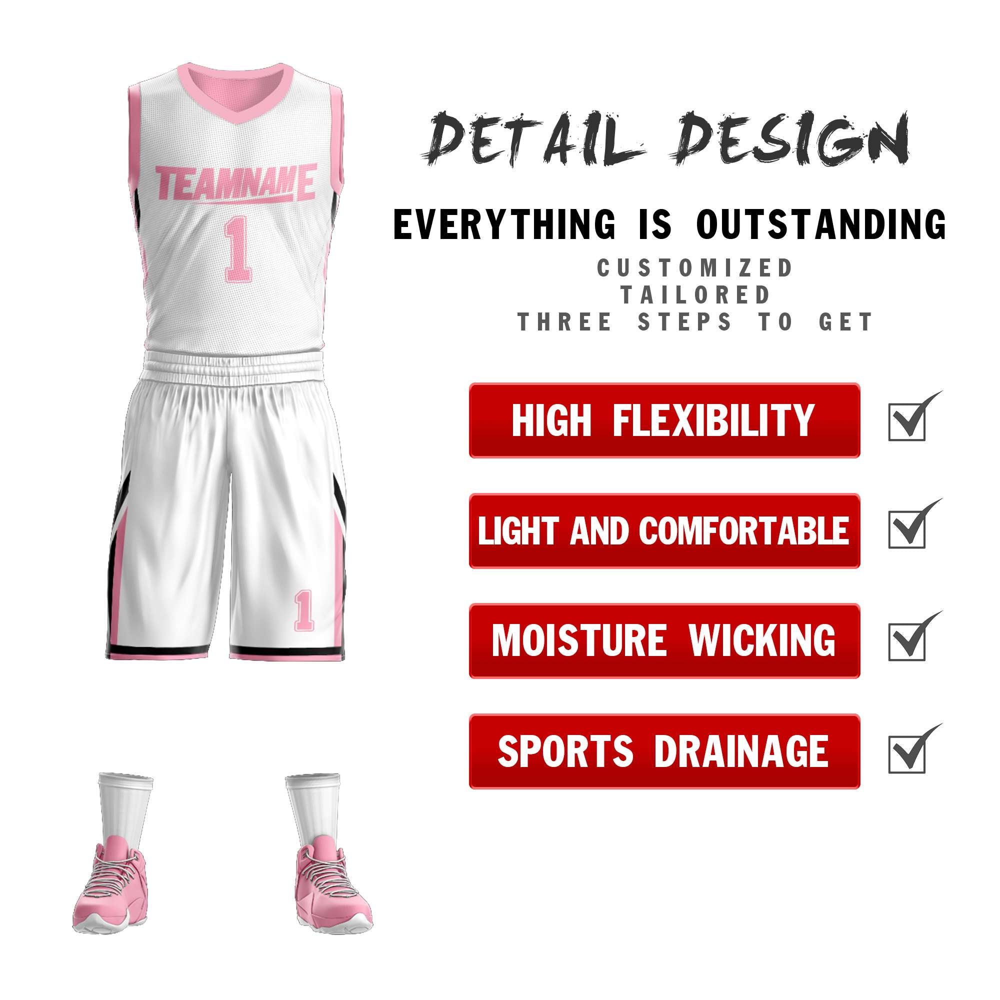 Le double côté rose blanc fait sur commande place le maillot de basket-ball de vêtements de sport de conception