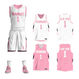 Le double côté rose blanc fait sur commande place le maillot de basket-ball de vêtements de sport de conception