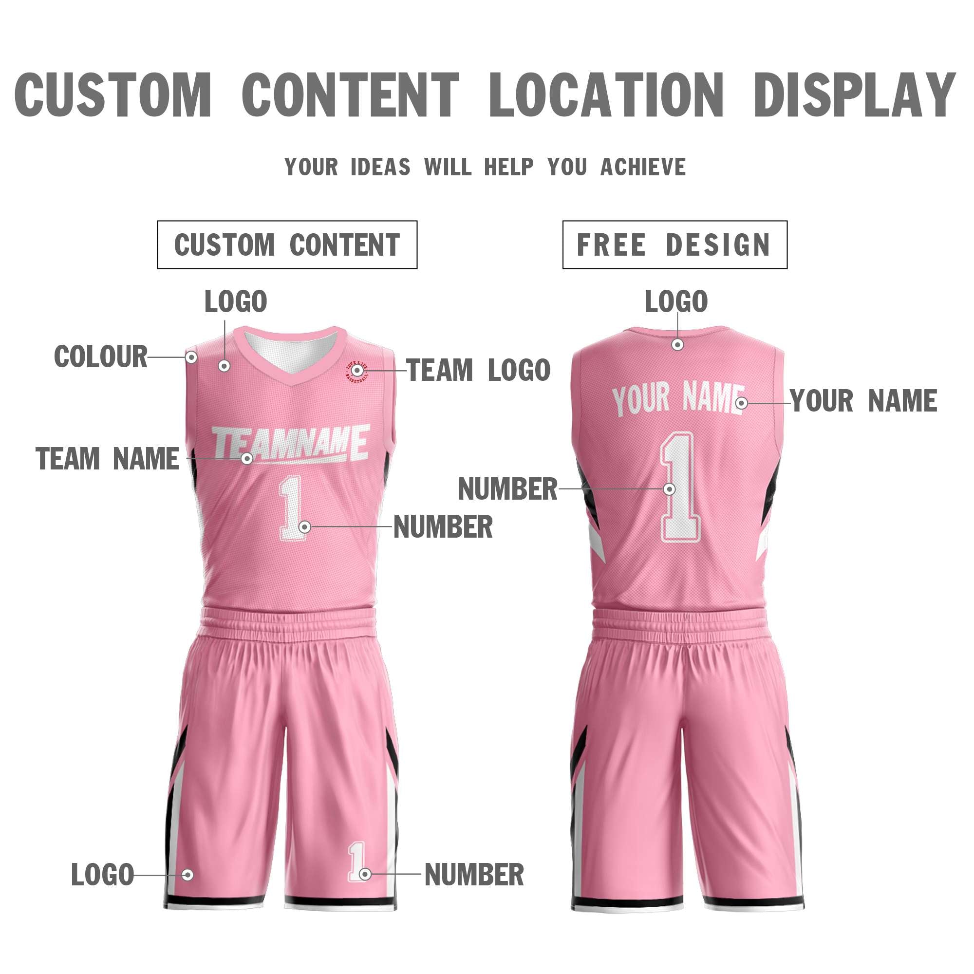 Le double côté blanc rose fait sur commande place le maillot de basket-ball de vêtements de sport de conception