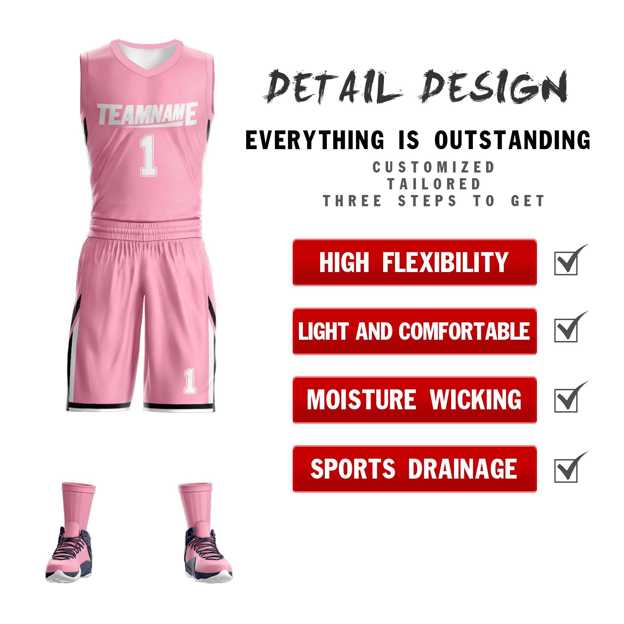 Le double côté blanc rose fait sur commande place le maillot de basket-ball de vêtements de sport de conception