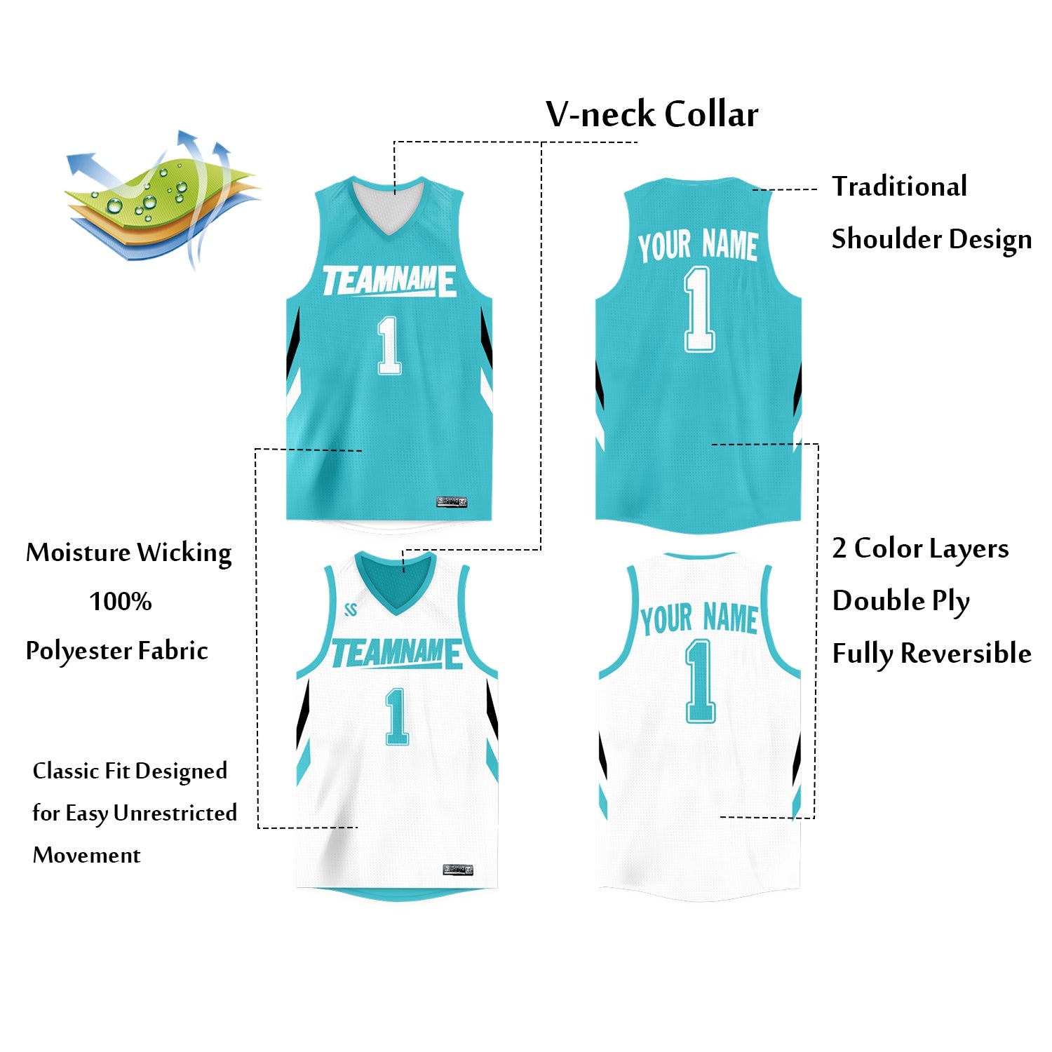 Maillot de basket-ball athlétique personnalisé Double face blanc Aqua