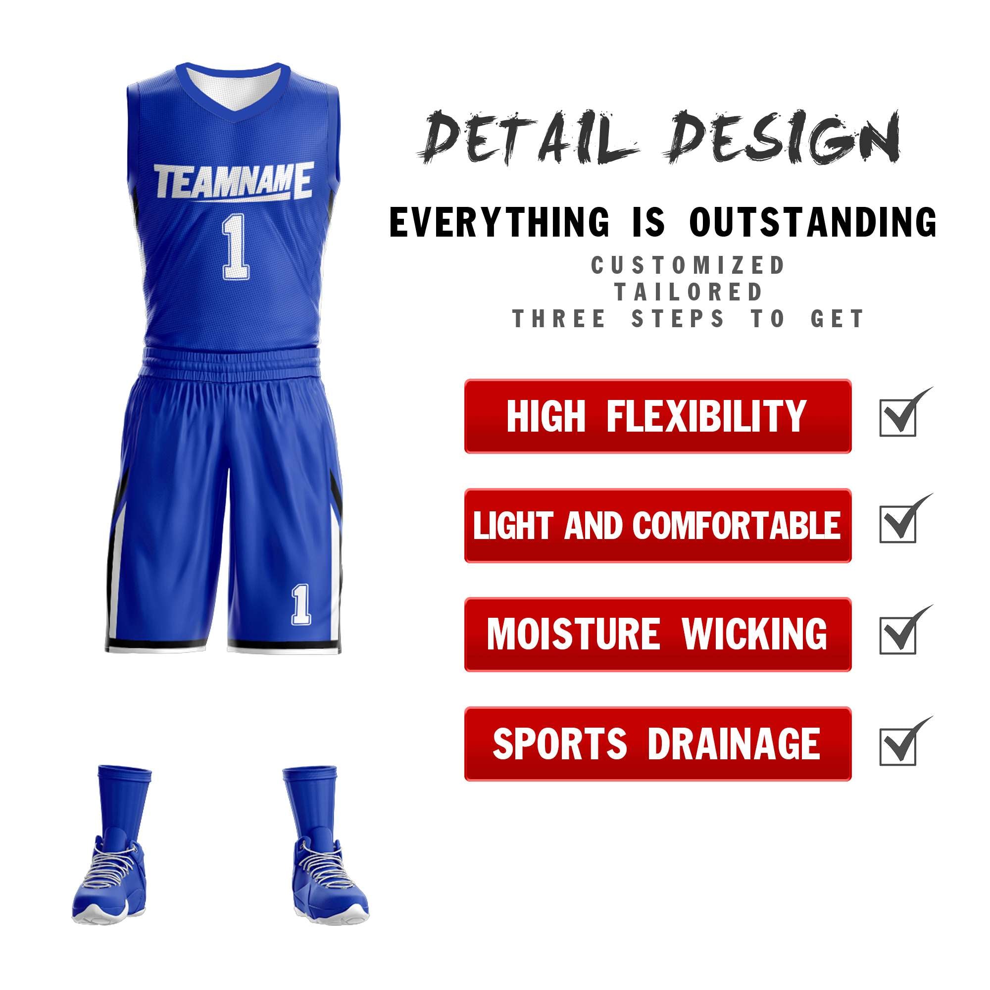 royal and white reversible basketball jersey design detail for team