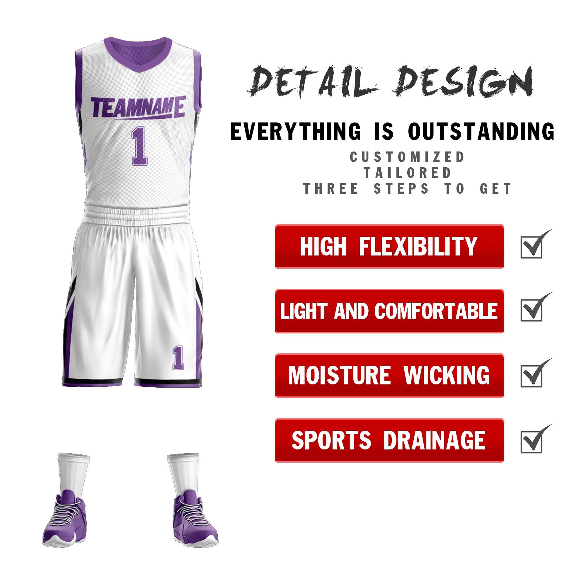 Le double côté violet blanc fait sur commande place le maillot de basket-ball de vêtements de sport de conception