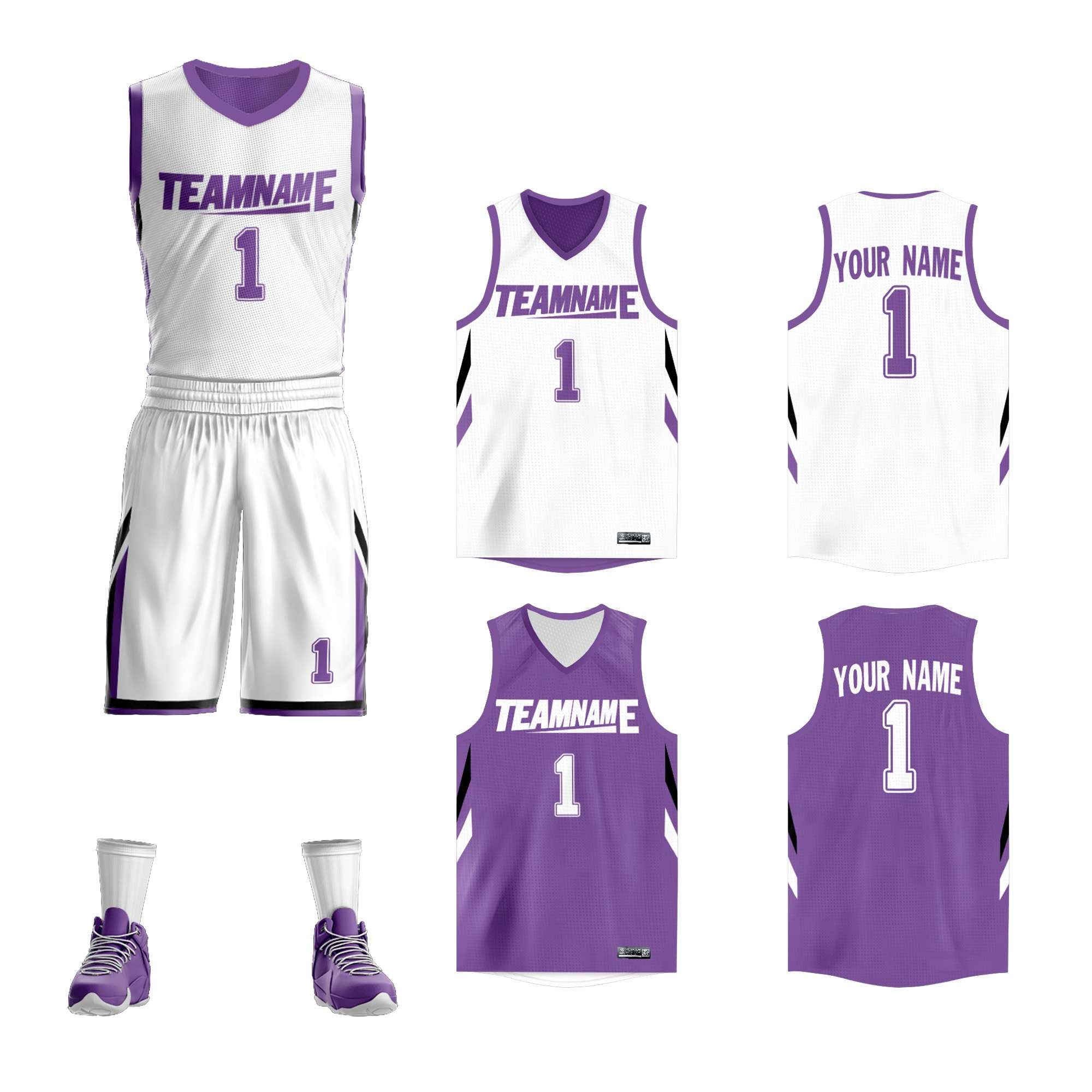 Le double côté violet blanc fait sur commande place le maillot de basket-ball de vêtements de sport de conception