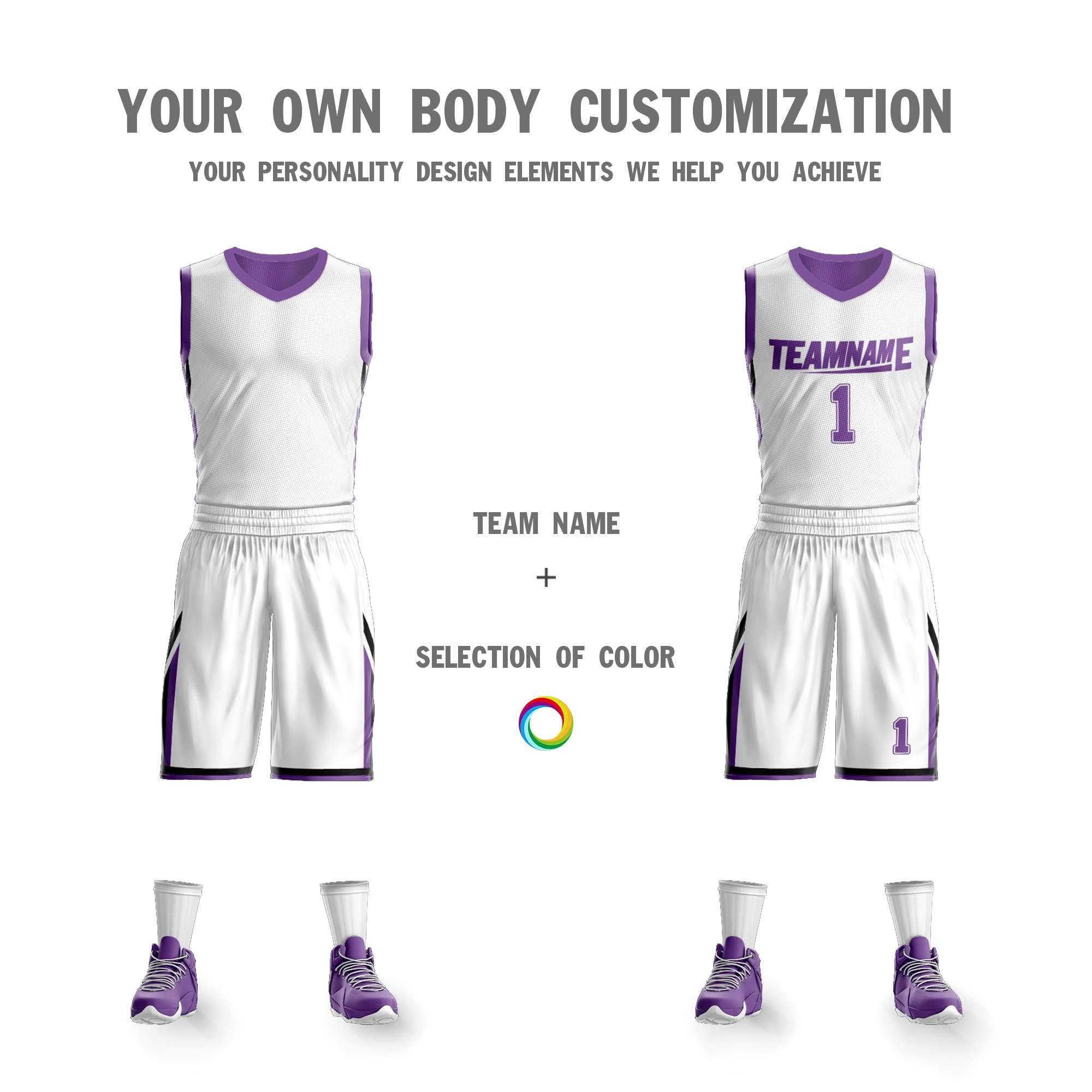 Le double côté violet blanc fait sur commande place le maillot de basket-ball de vêtements de sport de conception