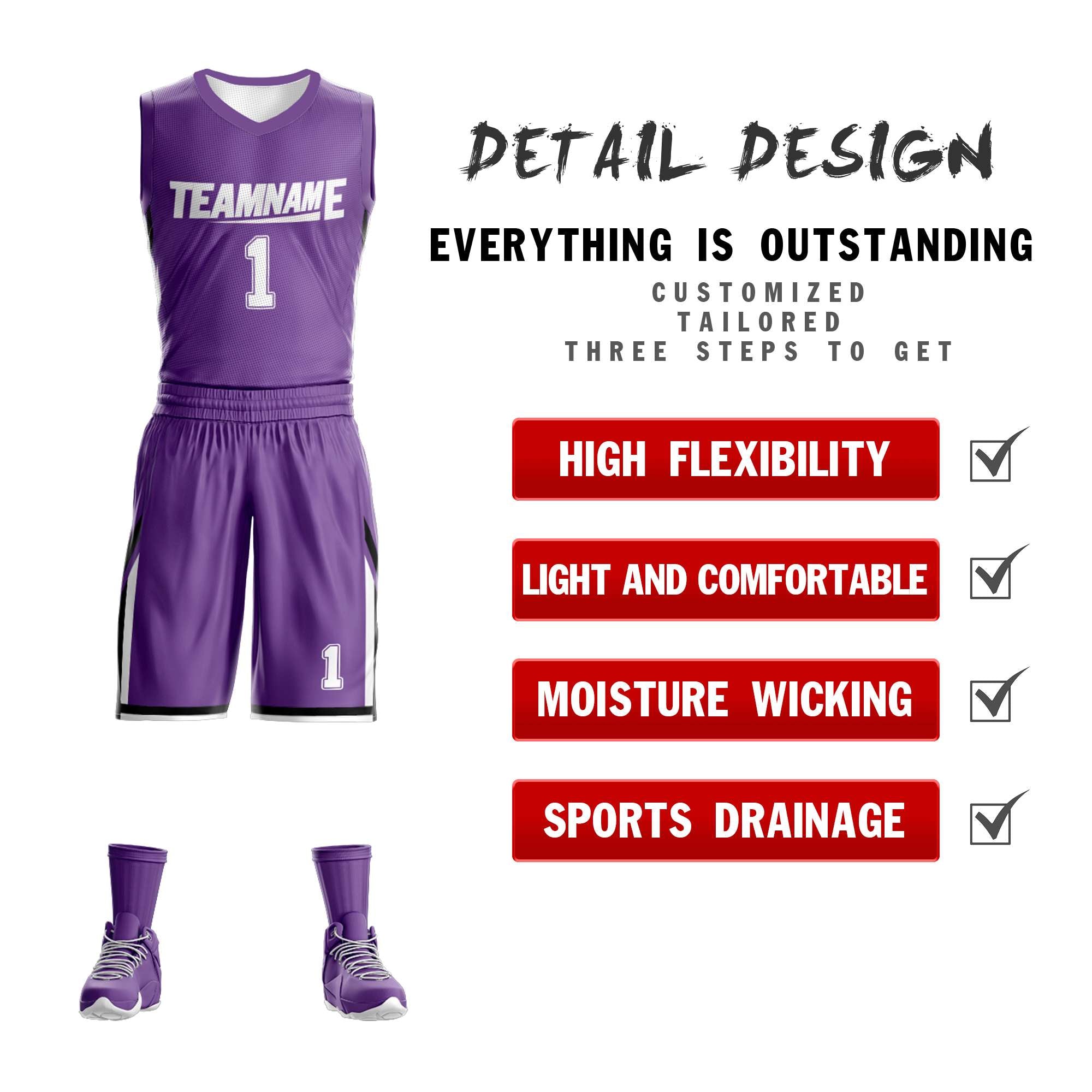 Le double côté blanc violet personnalisé définit le maillot de basket-ball de vêtements de sport de conception