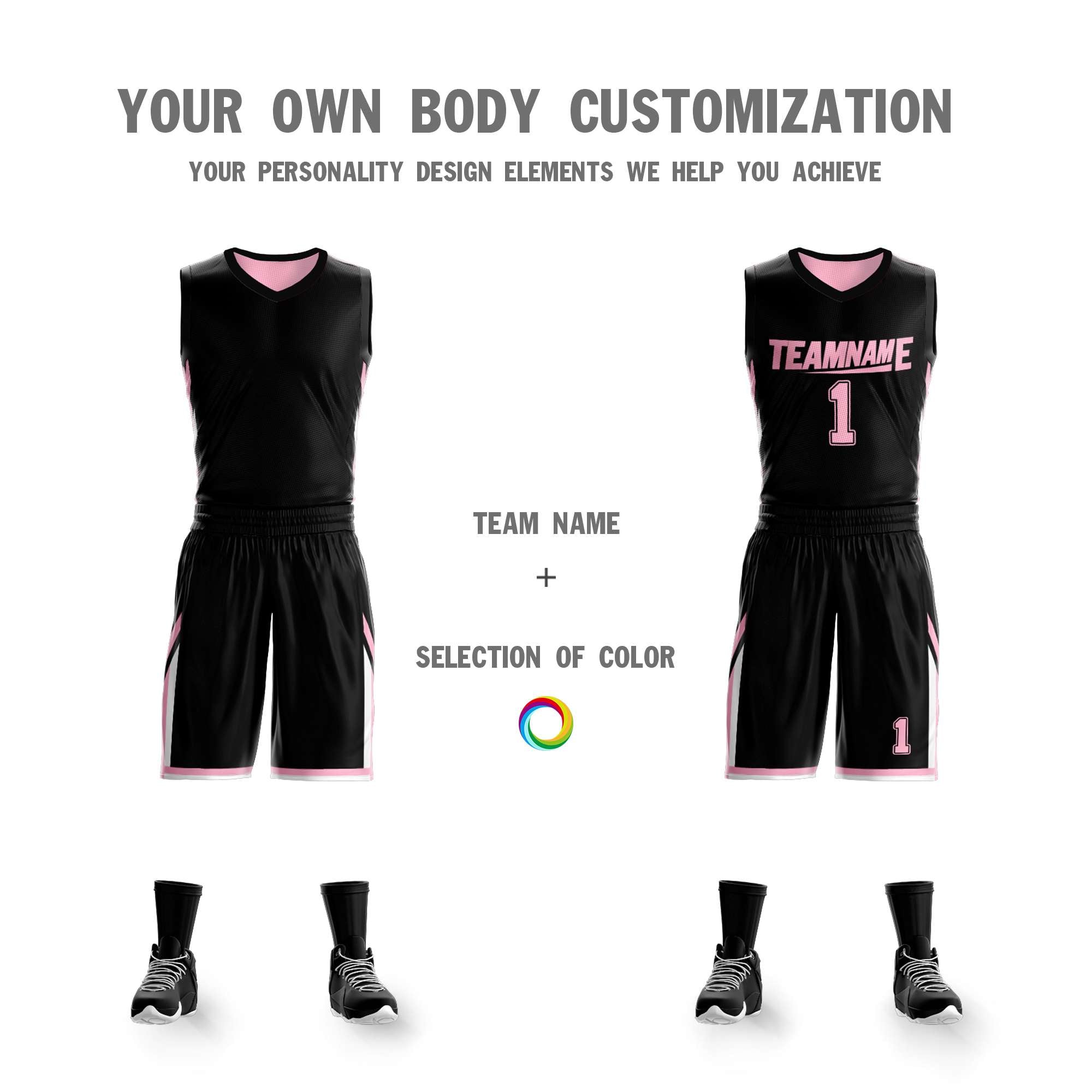 Le double côté rose noir fait sur commande place le maillot de basket-ball de vêtements de sport de conception