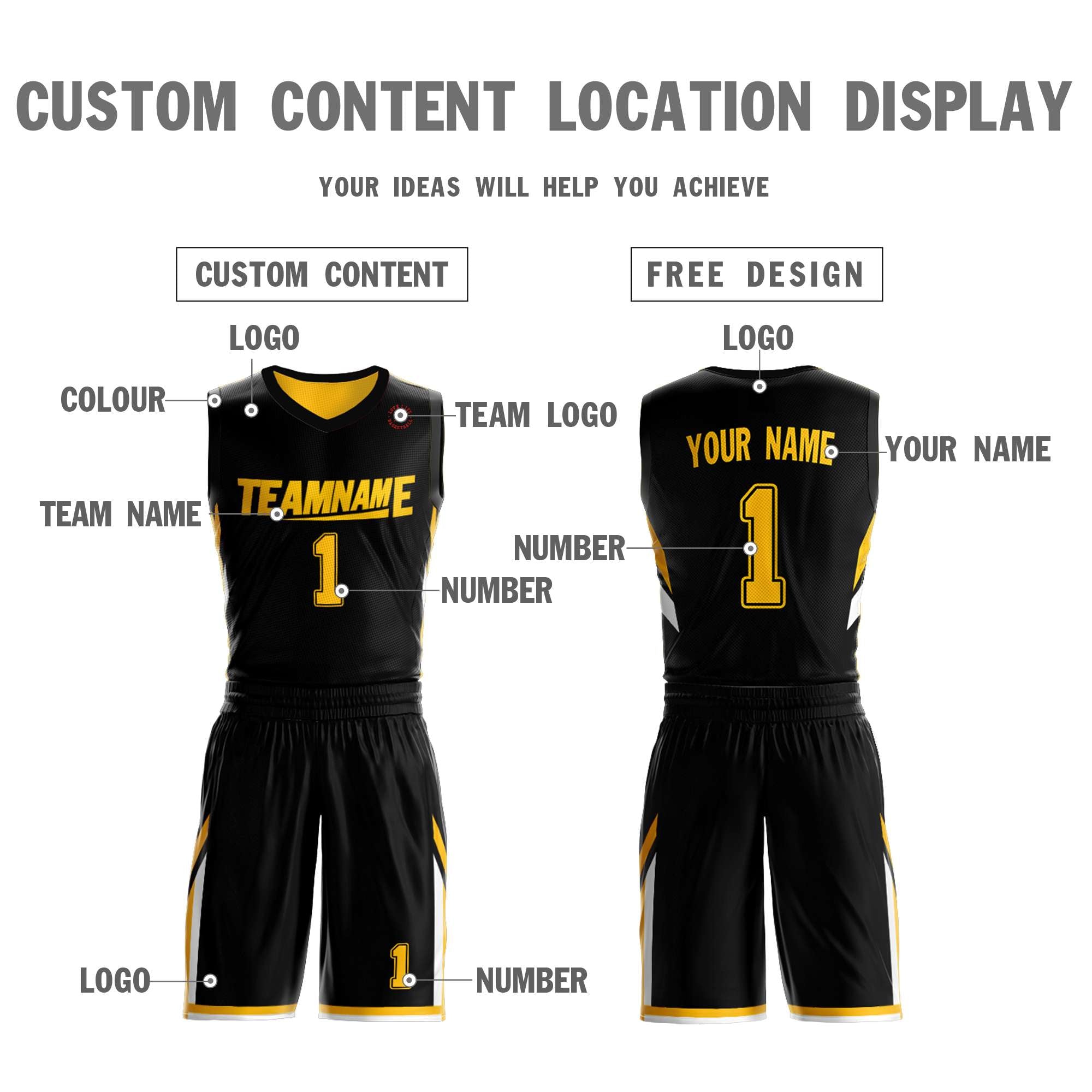 Custom Black Yellow Double Side Sets Design Sportswear Basketball Jersey