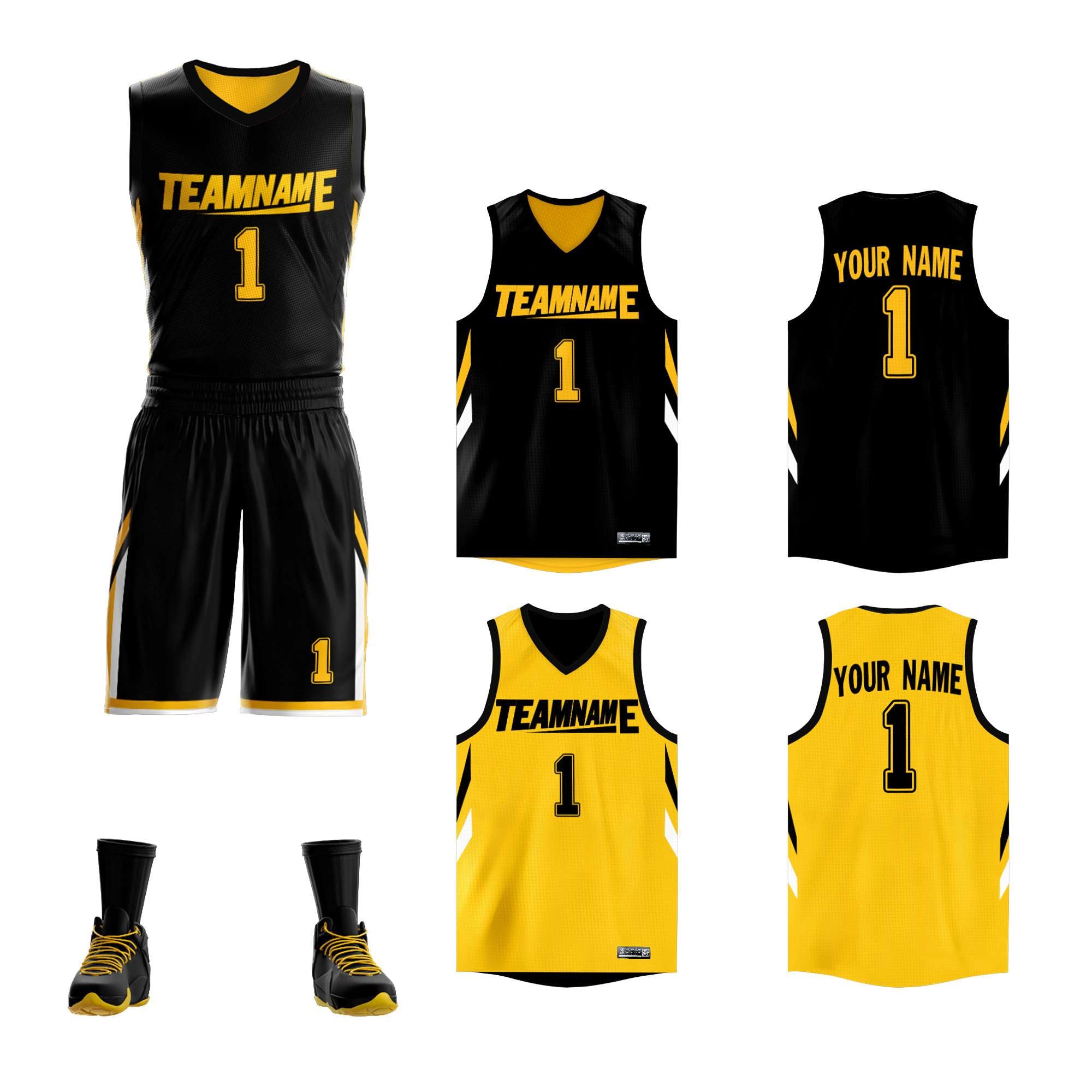 Le double côté jaune noir fait sur commande place le maillot de basket-ball de vêtements de sport de conception