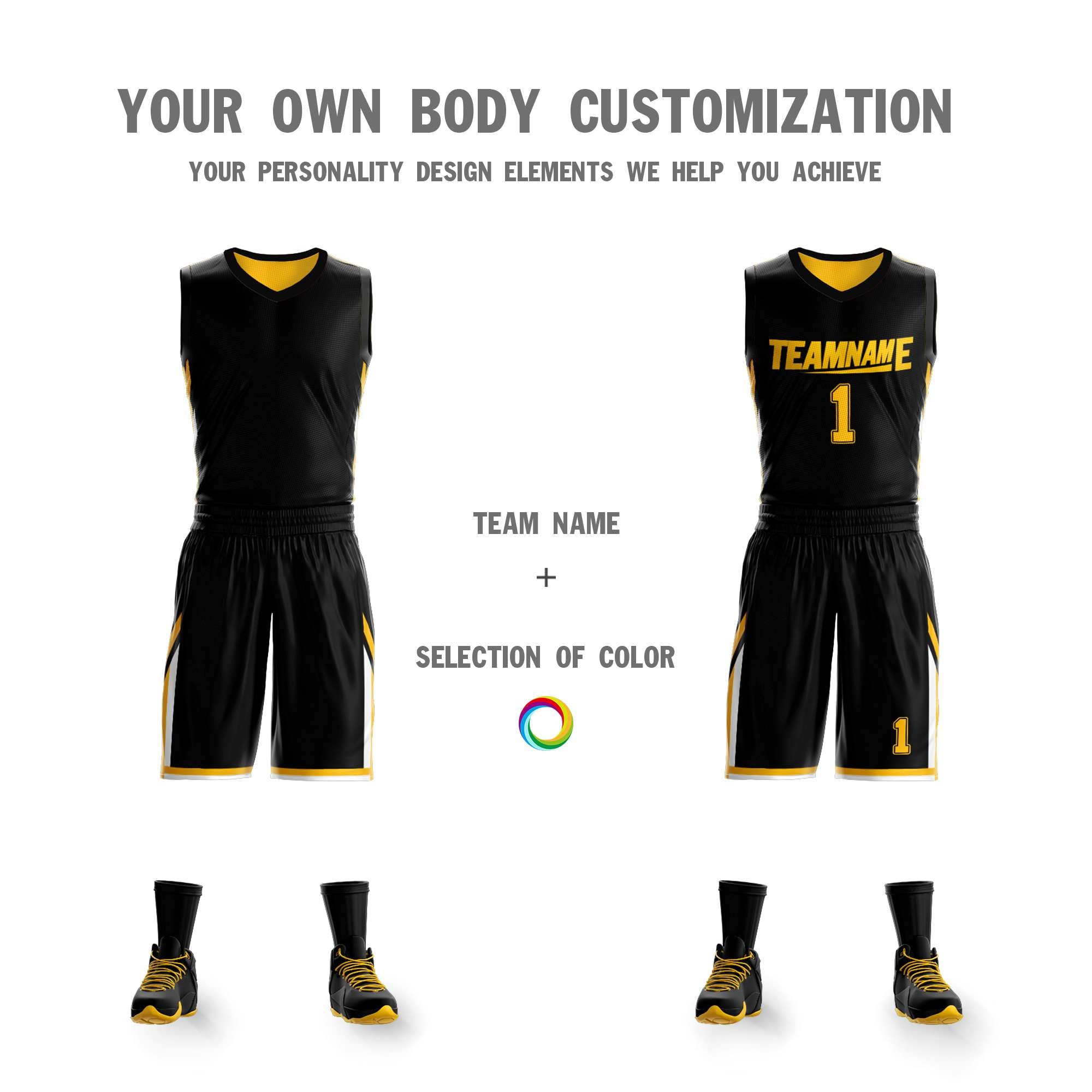 Le double côté jaune noir fait sur commande place le maillot de basket-ball de vêtements de sport de conception