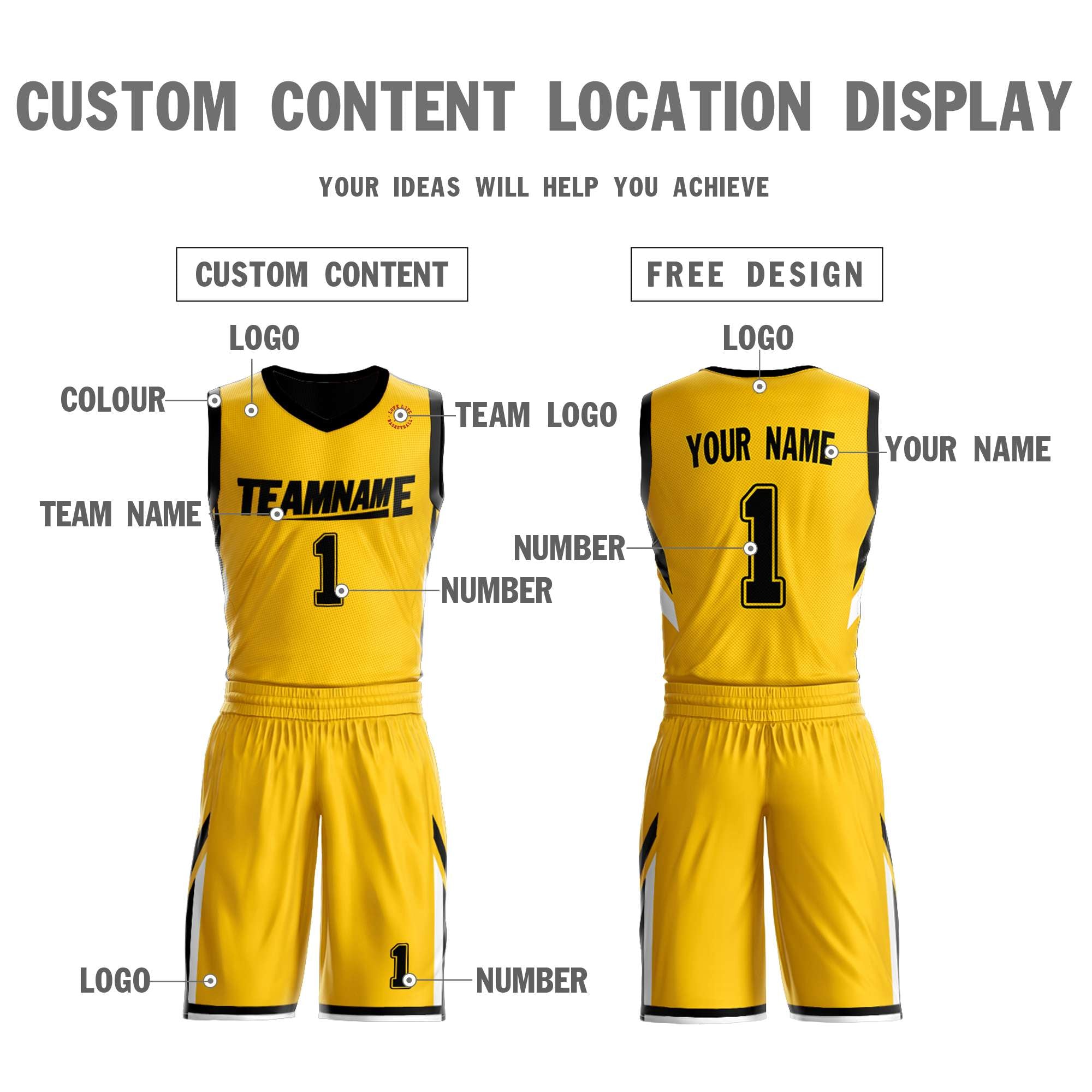 Le double côté noir jaune fait sur commande place le maillot de basket-ball de vêtements de sport de conception