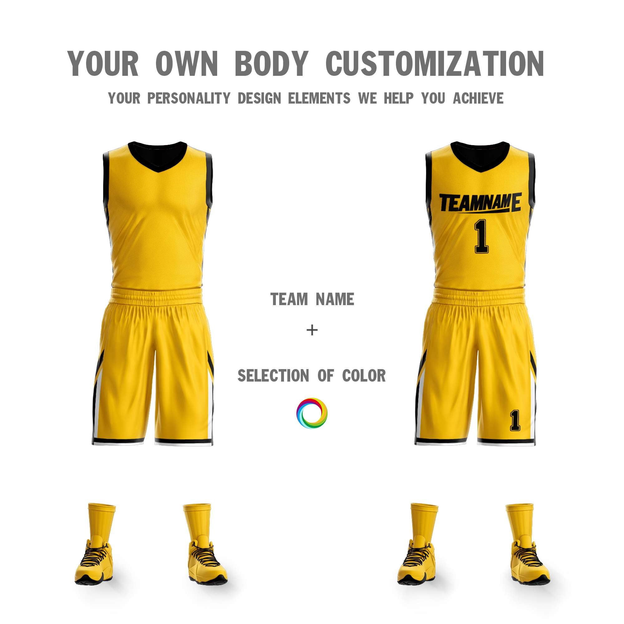 Le double côté noir jaune fait sur commande place le maillot de basket-ball de vêtements de sport de conception