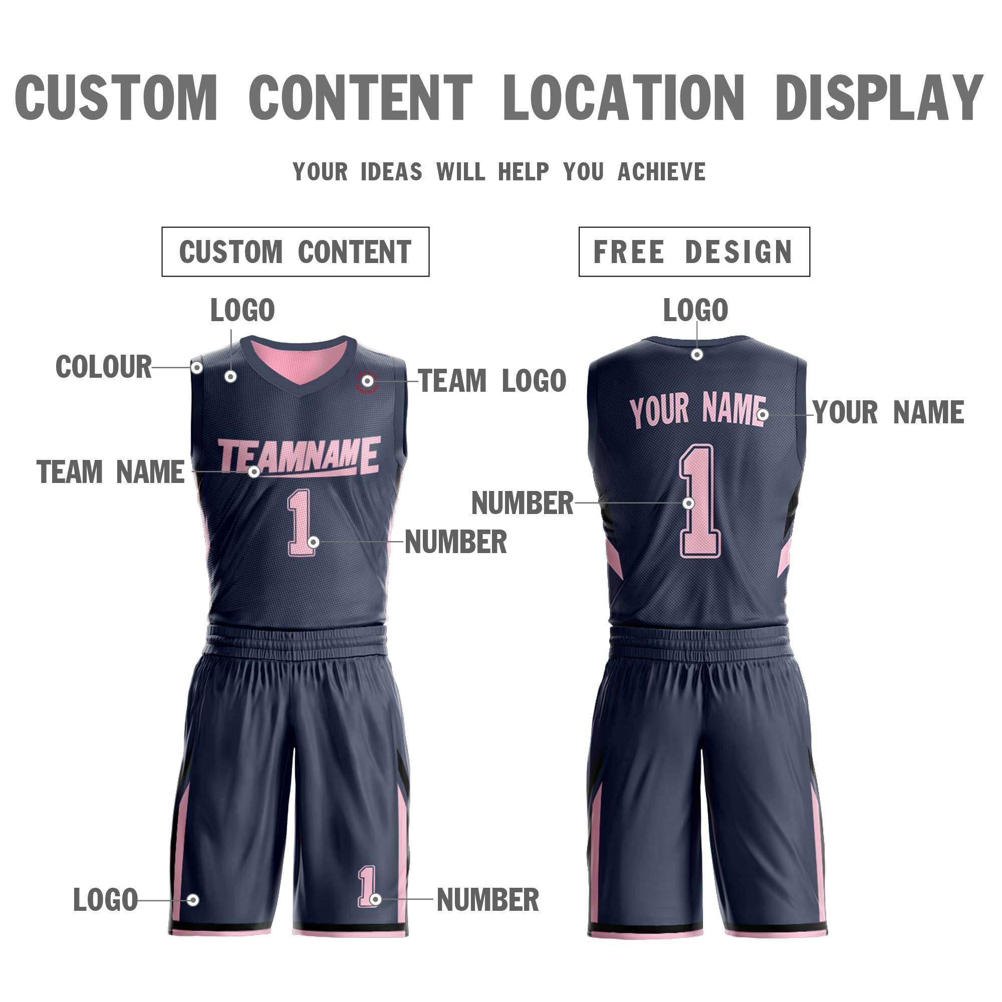 Le double côté rose gris foncé fait sur commande place le maillot de basket-ball de vêtements de sport de conception