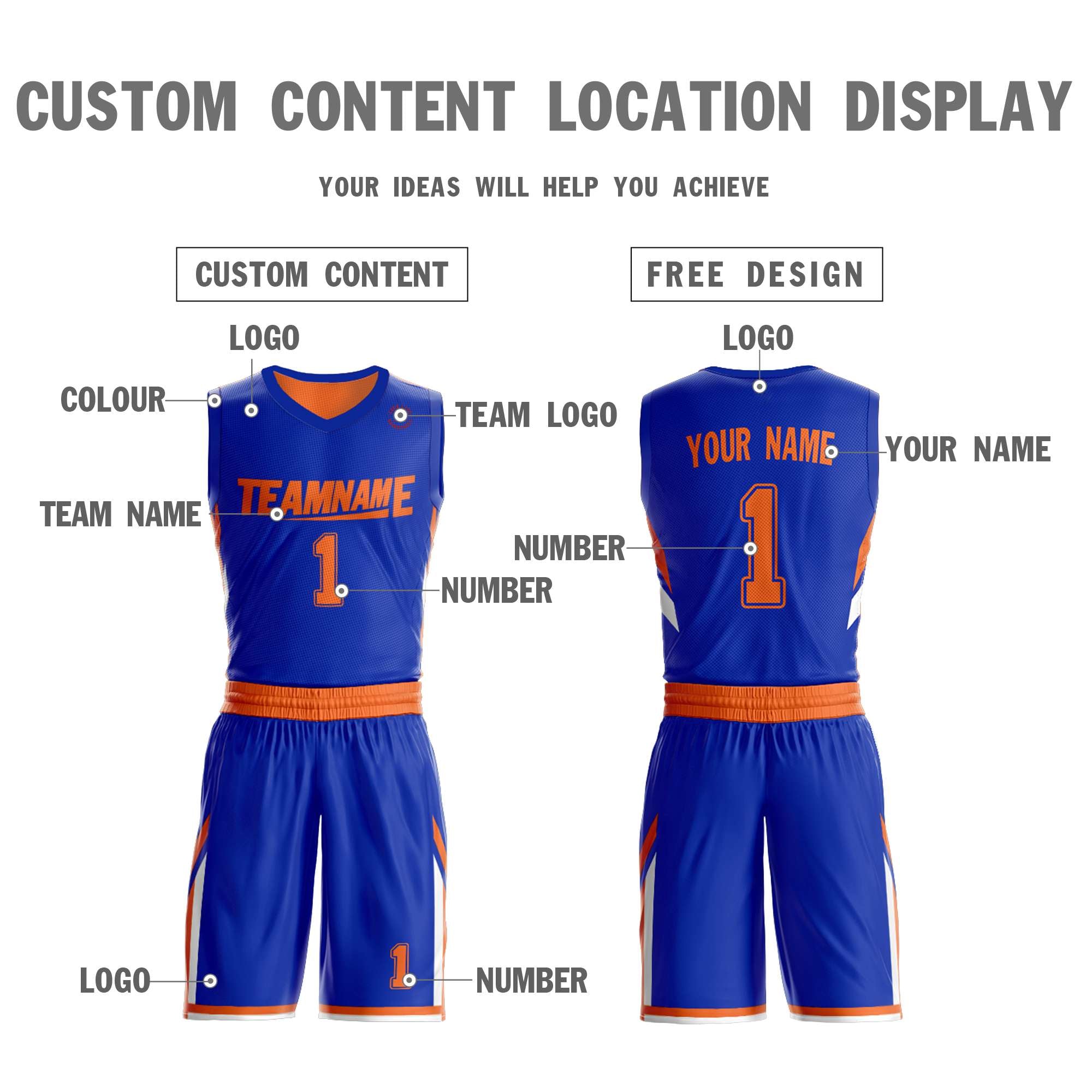 Le double côté orange royal fait sur commande place le maillot de basket-ball de conception de vêtements de sport