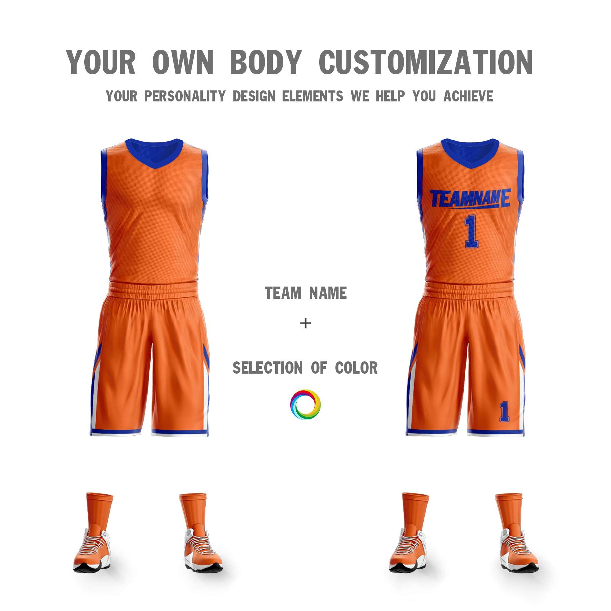 Le double côté royal orange fait sur commande place le maillot de basket-ball de vêtements de sport de conception