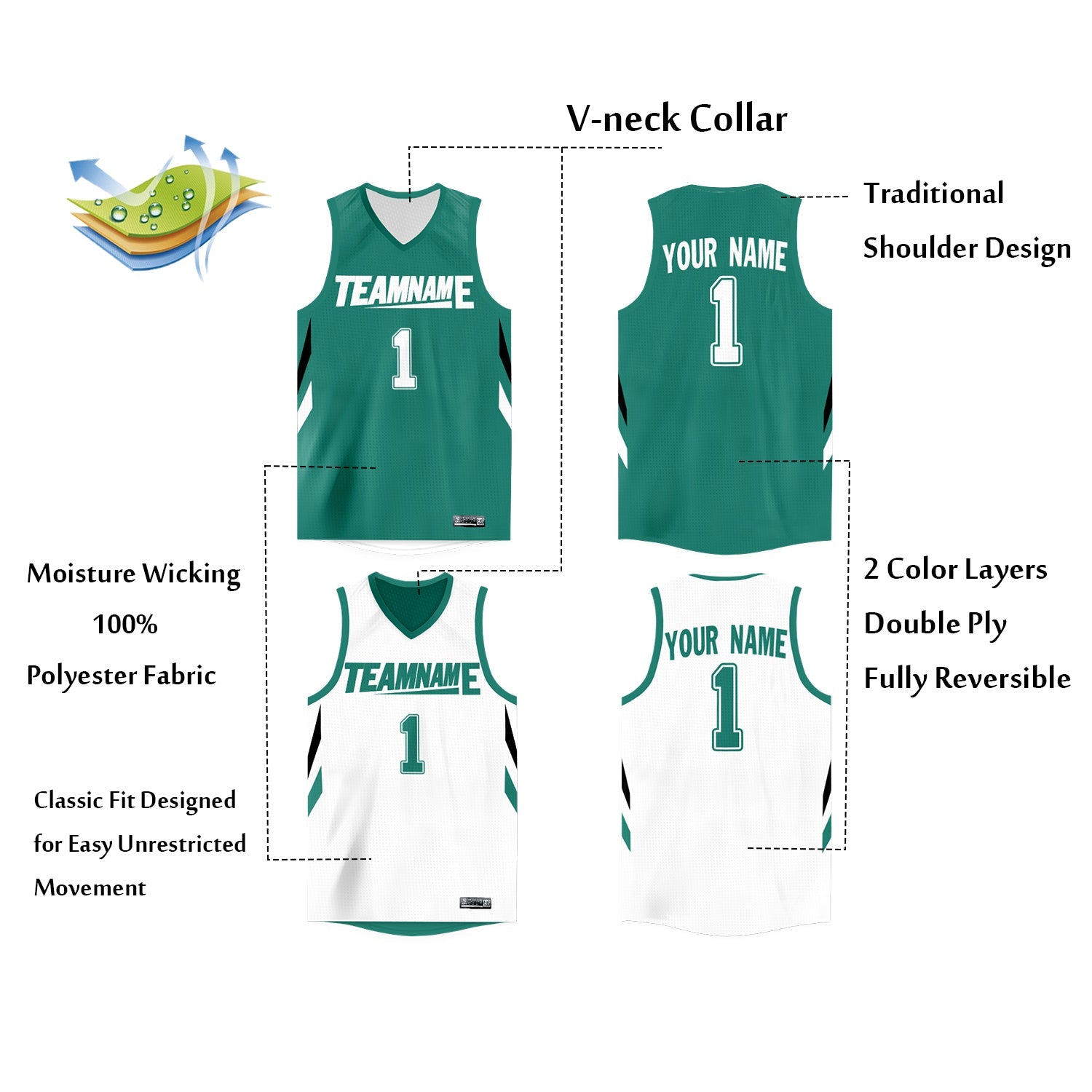 Custom Teal White  Double Side Tops Athletic Basketball Jersey