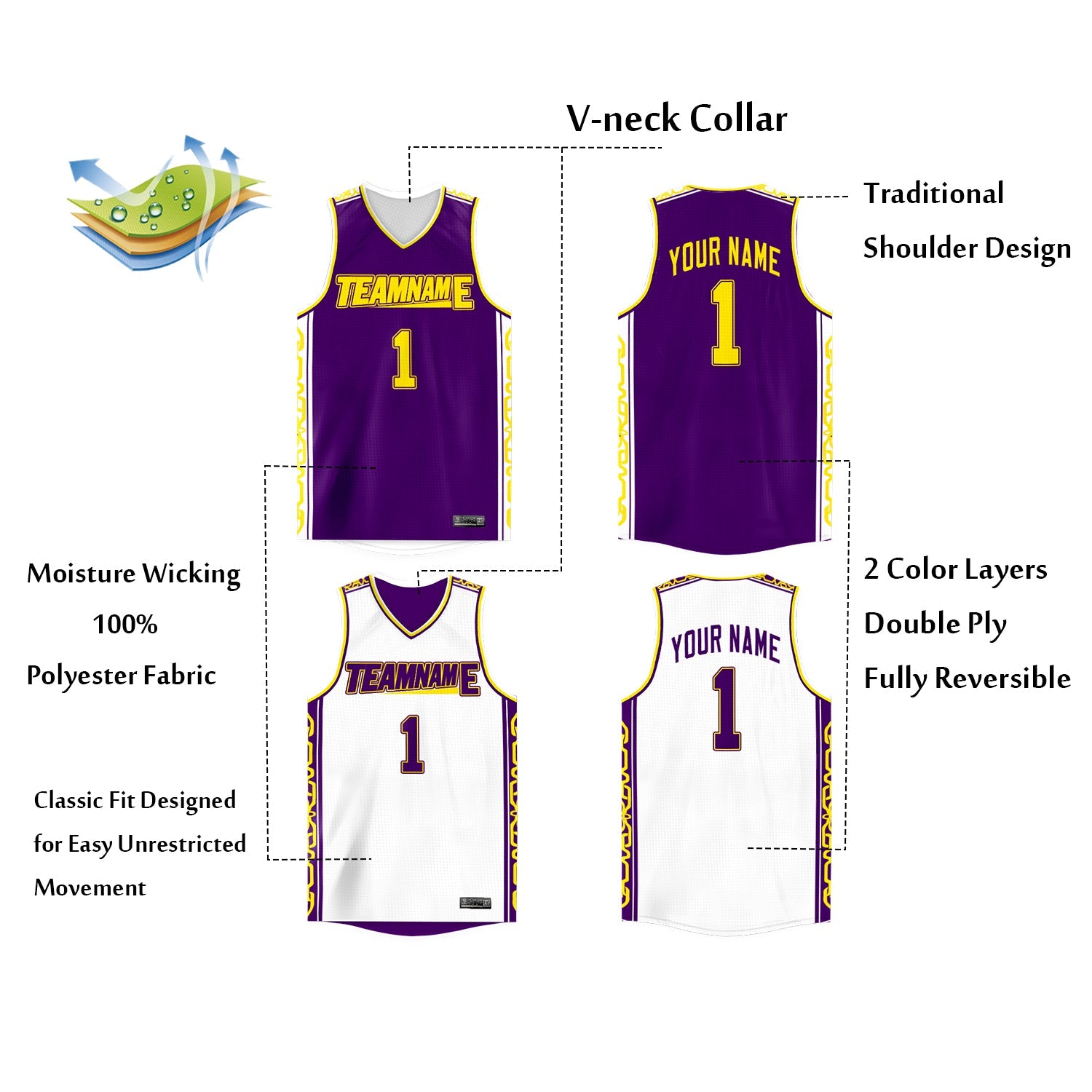 Custom Purple White  Double Side Tops Athletic Basketball Jersey