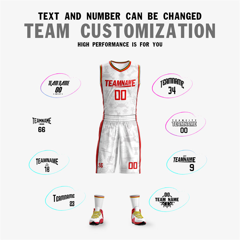 Maillot de basket-ball personnalisé blanc et rouge, ensembles double face