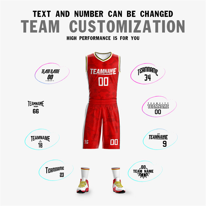 Custom Red White-Yellow Double Side Sets Basketball Jersey