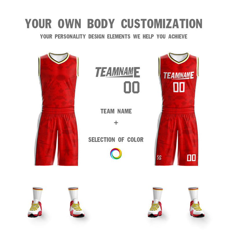 Maillot de basket-ball personnalisé rouge blanc-jaune Double face