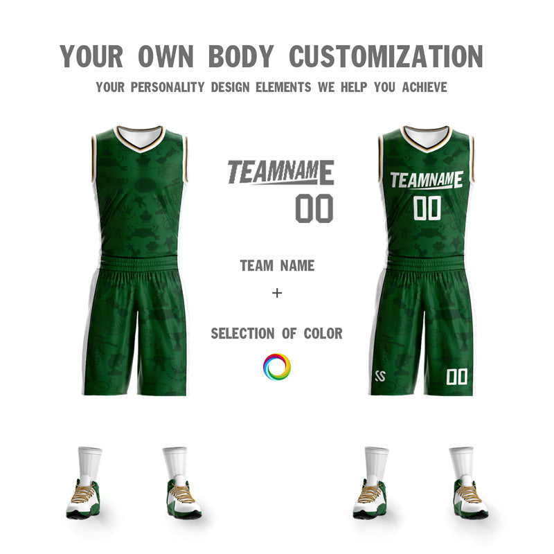 Maillot de basket-ball personnalisé vert blanc-jaune, ensembles double face