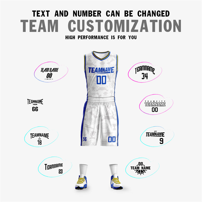 Custom White Royal-Yellow Double Side Sets Basketball Jersey