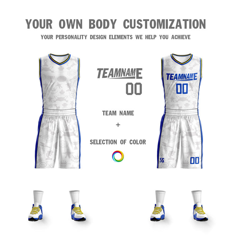 Custom White Royal-Yellow Double Side Sets Basketball Jersey