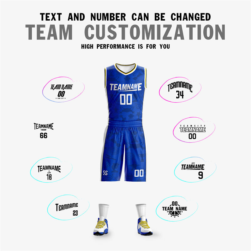 Custom Blue White-Yellow Double Side Sets Basketball Jersey