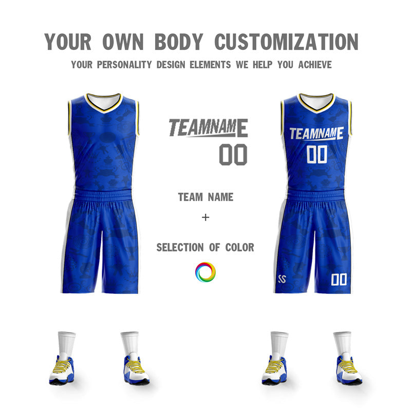 Maillot de basket-ball personnalisé bleu blanc-jaune, ensembles double face