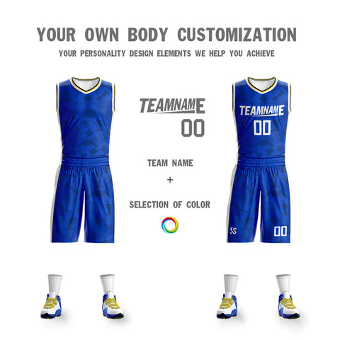 Custom Blue White-Yellow Double Side Sets Basketball Jersey