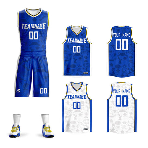 Custom Blue White-Yellow Double Side Sets Basketball Jersey