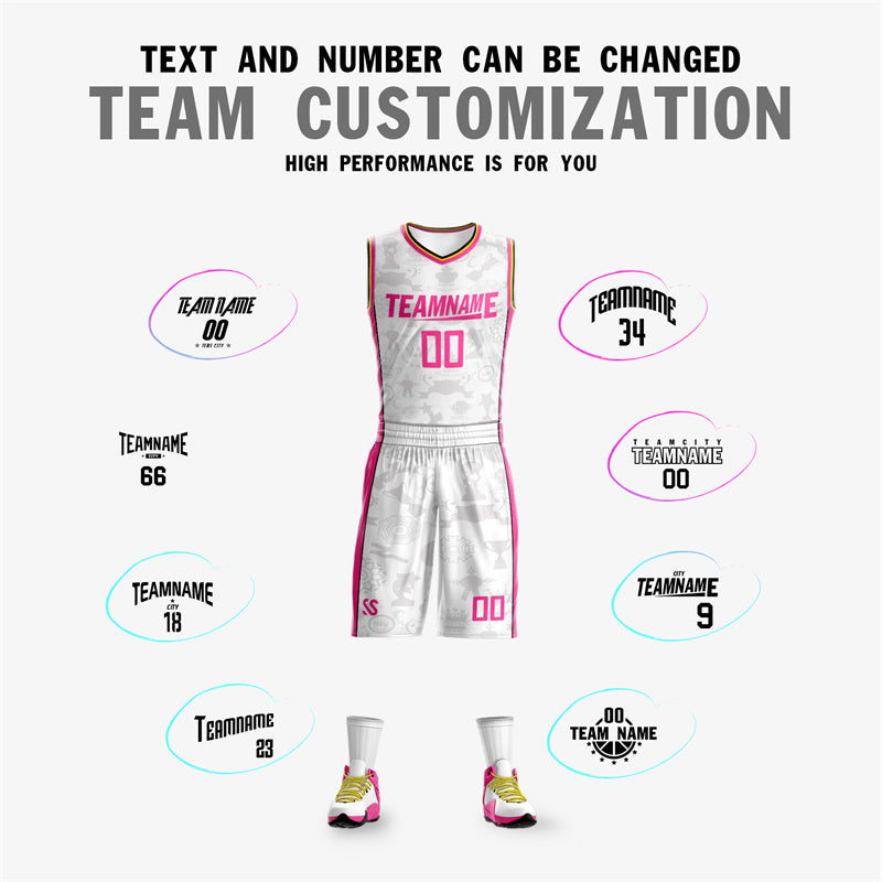 Custom White Pink Double Side Sets Basketball Jersey