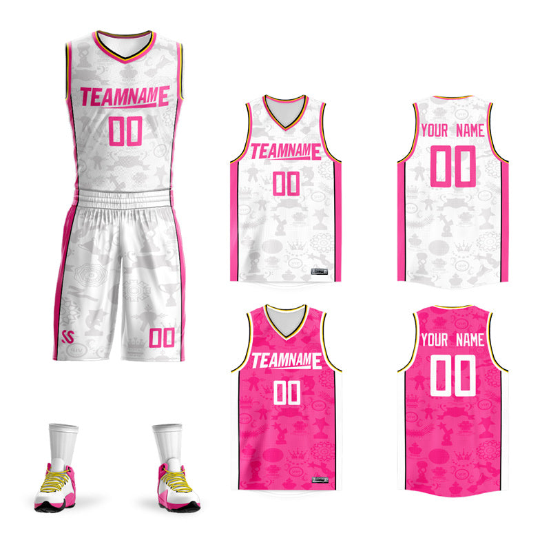 Custom White Pink Double Side Sets Basketball Jersey