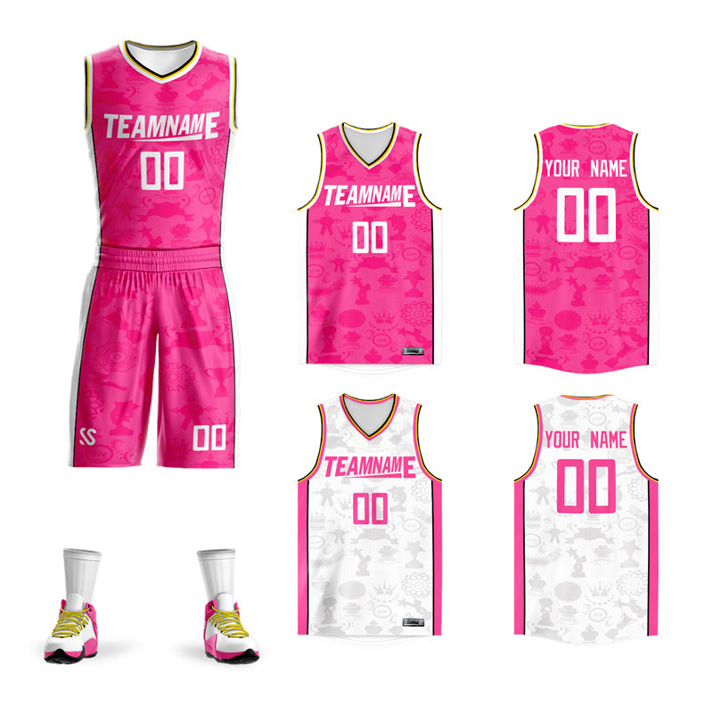 Custom Pink White Double Side Sets Basketball Jersey