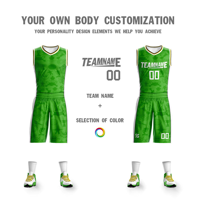 Maillot de basket-ball personnalisé vert clair et blanc, ensembles doubles latéraux