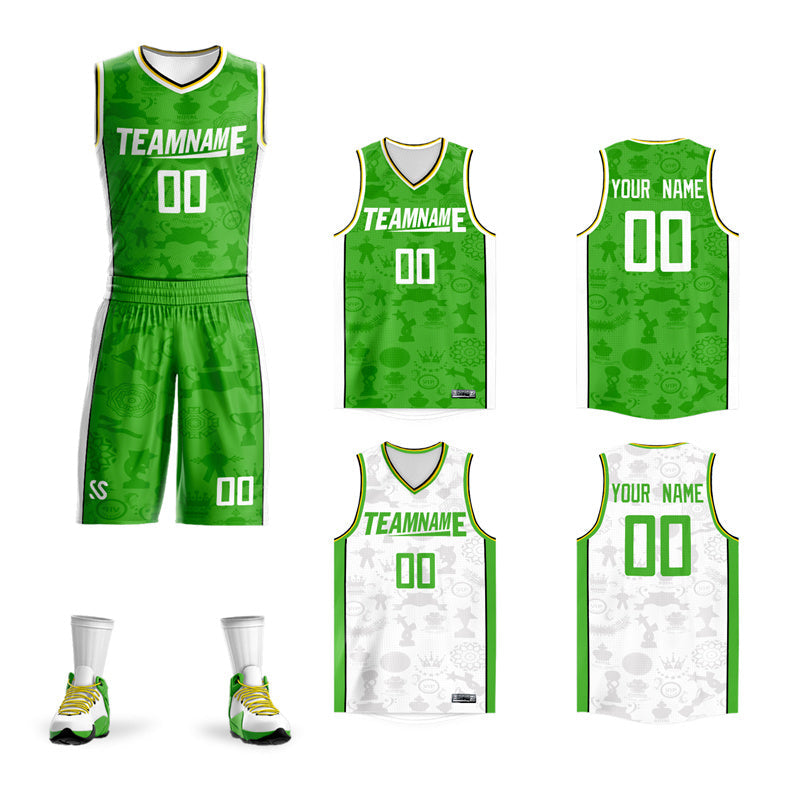 Maillot de basket-ball personnalisé vert clair et blanc, ensembles doubles latéraux