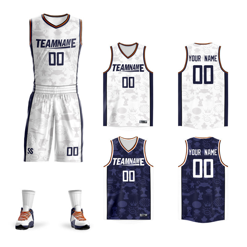 Custom White Navy Double Side Sets Basketball Jersey